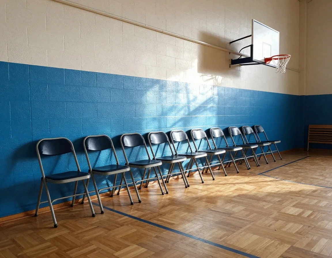 Spielplanbrett an einer Schulturnhallenwand in Nordengland